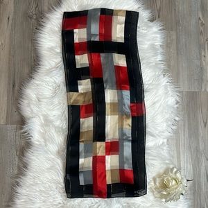 EUC Oscar Da La Renta Block Red/Black/Tan/Cream Silk Scarf, 11x54